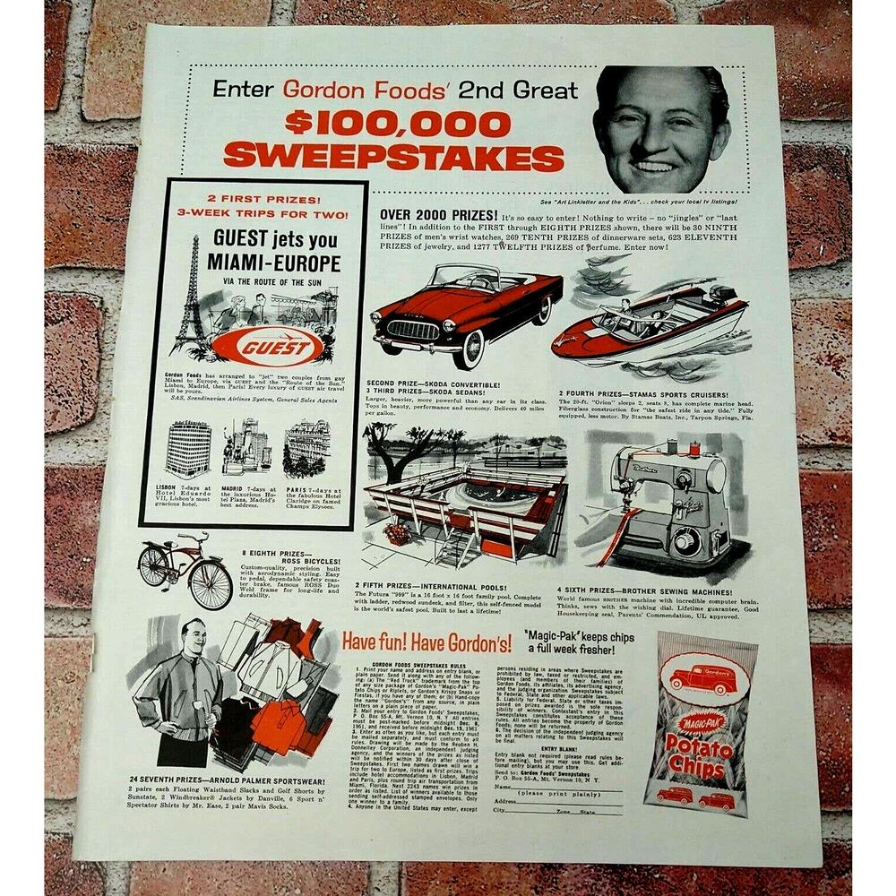 1961 Gordon Foods Sweepstakes - Red Car Boat‎ Pool Sewing - Vtg 60s MCM PRINT AD